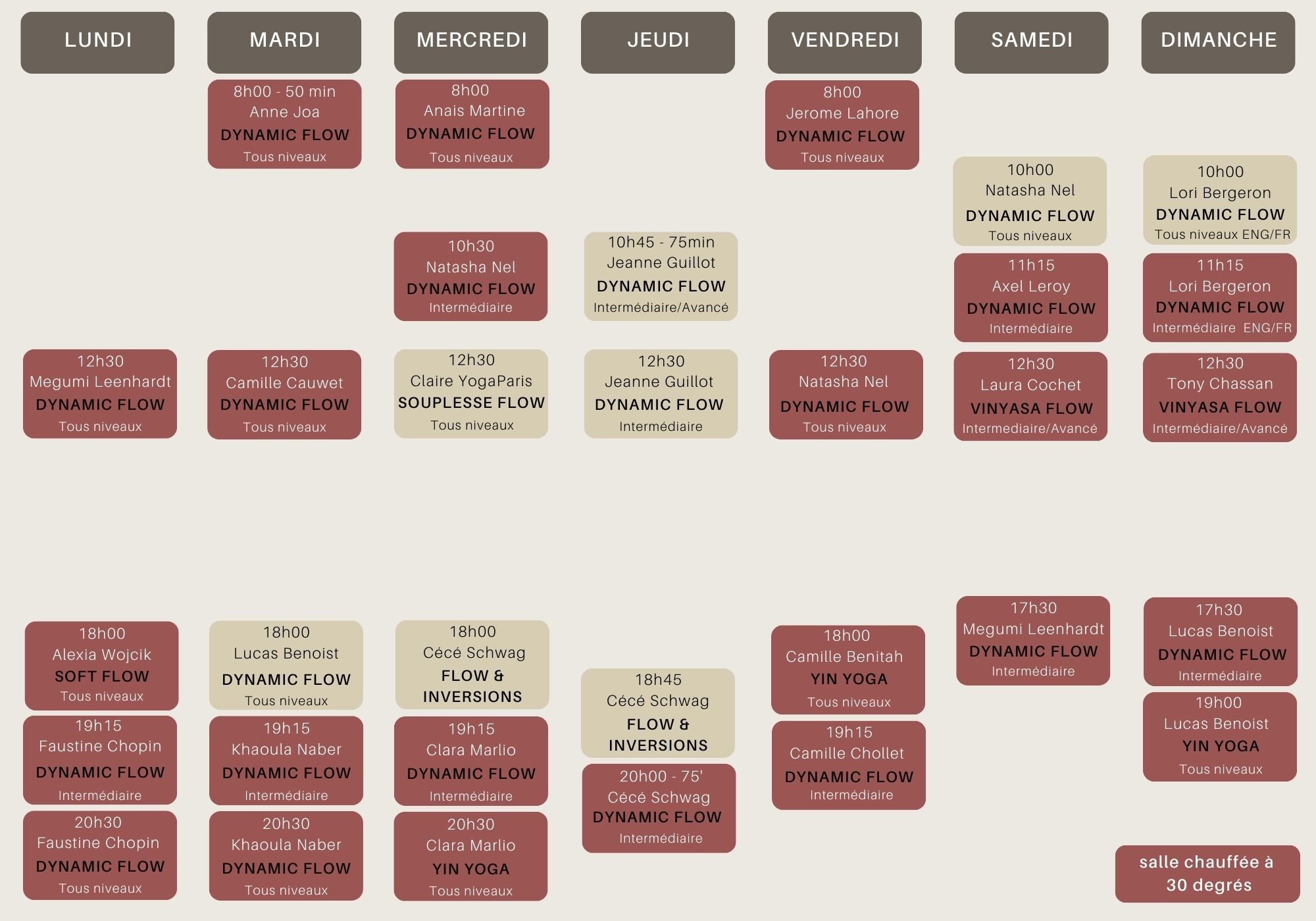 Planning des cours de yoga à Paris Sentier 75002 – Vinyasa, Hot Yoga, Soft Flow, Dynamic Flow, Yin Yoga & Soundbath