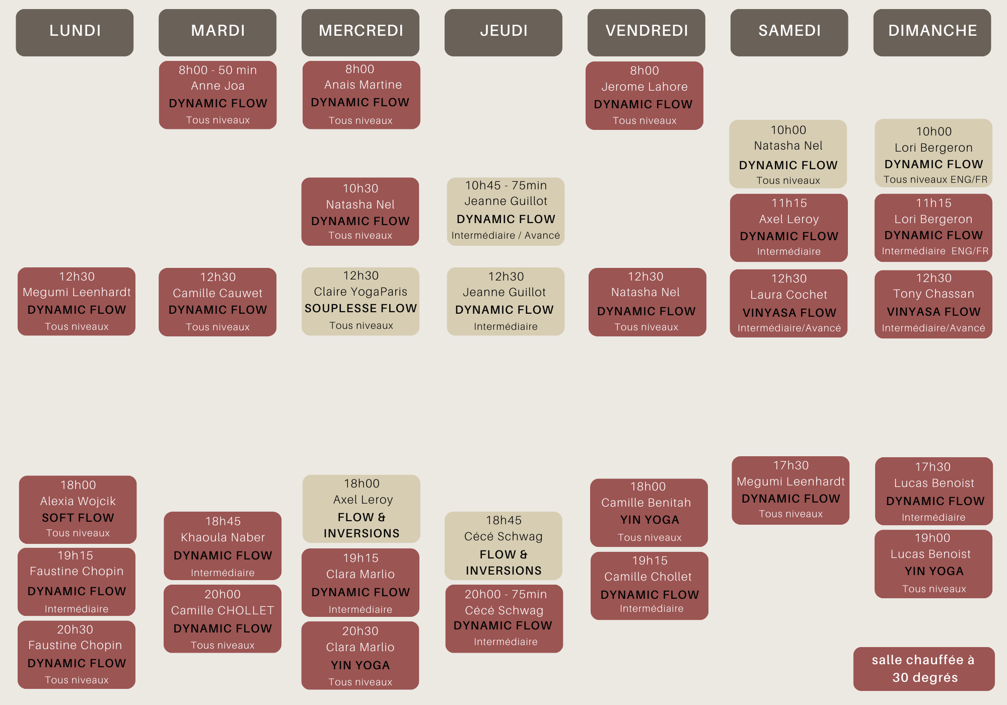 Planning des cours de yoga à Paris Sentier 75002 – Vinyasa, Hot Yoga, Soft Flow, Dynamic Flow, Yin Yoga & Soundbath